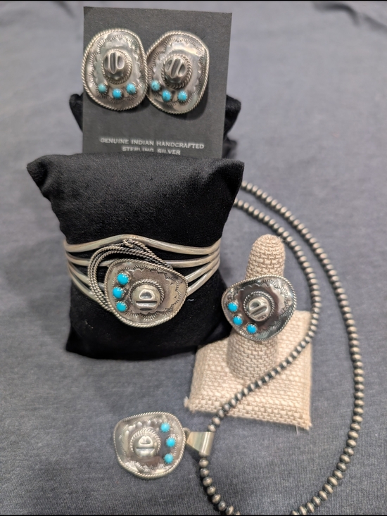 Native American Jewelry - Bobby Plattero Navajo Handmade Sterling Silver Kingman Turquoise Cowboy Hat Set